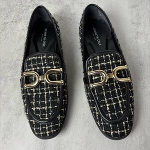 Kenneth Cole Black and White Tweed Plaid Women’s Loafers Gold-Tone Accent Size 9